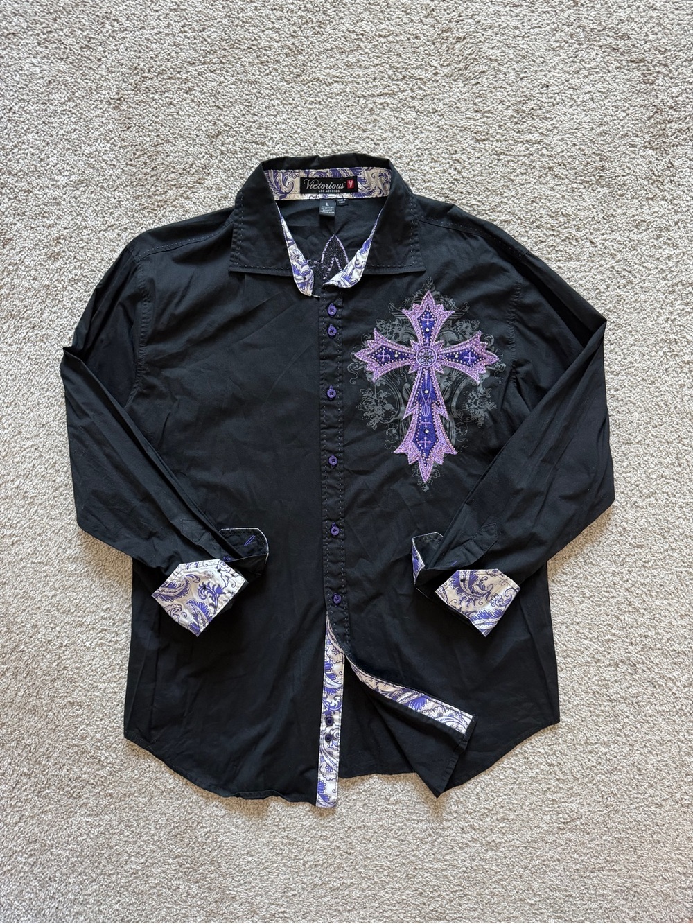 Victorious Los Angeles Men’s L Black Purple Cross Embroidered Shirt Gothic Y2K